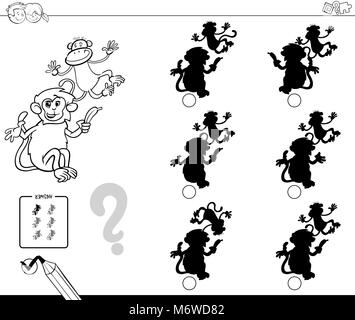 Cartoon noir et blanc Illustration de la recherche de l'ombre sans différences activité éducative pour les enfants avec des singes caractères Animaux Colori Illustration de Vecteur