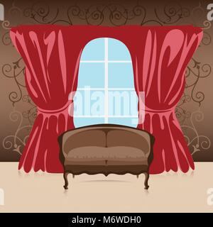 L'intérieur, un canapé dans la chambre contre le mur, les rideaux et fenêtre, vector illustration Illustration de Vecteur