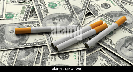 Fumeurs et de l'argent frais. Des cigarettes sur les billets de cent dollars. 3d illustration Banque D'Images