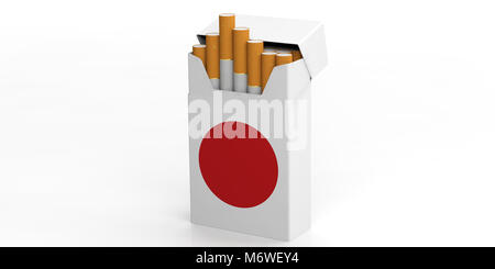 Fumer des cigarettes au Japon. Drapeau japonais sur un paquet de cigarettes isolé sur fond blanc. 3d illustration Banque D'Images