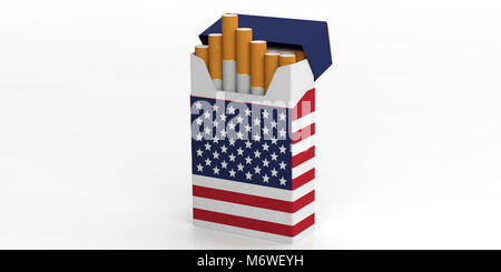 Fumer des cigarettes aux Etats-Unis. États-unis d'Amérique drapeau sur un paquet de cigarettes isolé sur fond blanc. 3d illustration Banque D'Images