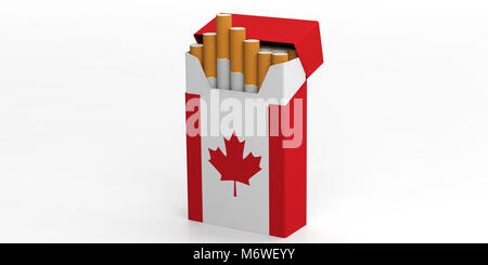 Fumer des cigarettes au Canada. Drapeau canadien sur un paquet de cigarettes isolé sur fond blanc. 3d illustration Banque D'Images