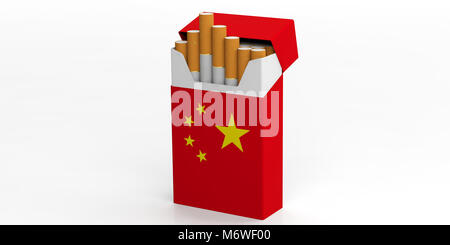 Fumer des cigarettes en Chine. Drapeau chinois sur un paquet de cigarettes isolé sur fond blanc. 3d illustration Banque D'Images