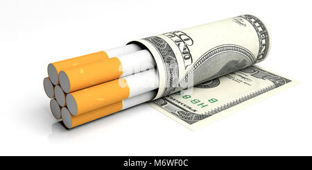 Fumeurs et de l'argent frais. Cigarettes emballées dans des billets de cent dollars isolé sur fond blanc. 3d illustration Banque D'Images