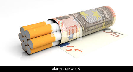 Fumeurs et de l'argent frais. Cigarettes enveloppées dans cinquante euros billets isolé sur fond blanc. 3d illustration Banque D'Images