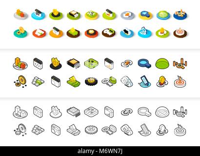Ensemble d'icônes de styles - télévision isométrique et otline, colorés et les versions noir Illustration de Vecteur