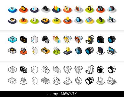 Ensemble d'icônes de styles - télévision isométrique et otline, colorés et les versions noir Illustration de Vecteur