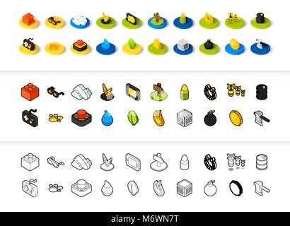 Ensemble d'icônes de styles - télévision isométrique et otline, colorés et les versions noir Illustration de Vecteur