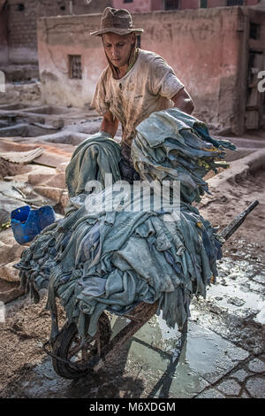 Un homme portant des gouttes du masque en cuir teinture & chimiques pour cuves une brouette. La tannerie est situé à Marrakech, Maroc. Banque D'Images