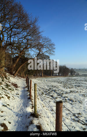 Vue de sentier et à la limite de clôture champ couvert de neige à la périphérie de Brabourne Lees près de Ashford, Kent, Royaume-Uni Banque D'Images