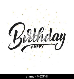 Joyeux anniversaire vecteur conception de lettrage. Carte de souhaits d'anniversaire à pois avec des confettis d'or Illustration de Vecteur