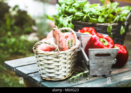 Légumes frais sur le bois dans le jardin. Mise en page de l'alimentation. Variété de légumes Banque D'Images