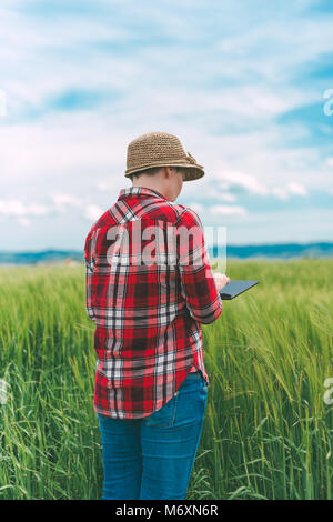 Farmer using digital tablet in wheat crop field, concept de l'agriculture intelligente moderne responsable par l'aide d'appareils électroniques Banque D'Images
