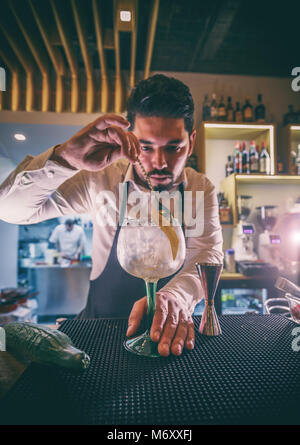Barman est en remuant des cocktails sur comptoir bar Banque D'Images