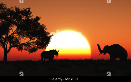 3D render of a rhino et éléphant dans un paysage africain Banque D'Images