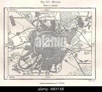 Plan de ville de la ville de Moscou Москва. La Russie. La carte graphique 1885 ancienne Banque D'Images