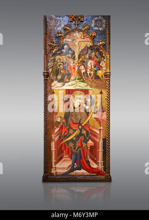 Retable gothique illustrant haut, calvaire, bas, St Sebastia (Sebastian) , par Joan Mates de Villafranca de Penedes, vers 1417-1425, à partir de l'refrect Banque D'Images