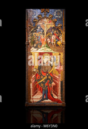 Retable gothique illustrant haut, calvaire, bas, St Sebastia (Sebastian) , par Joan Mates de Villafranca de Penedes, vers 1417-1425, à partir de l'refrect Banque D'Images