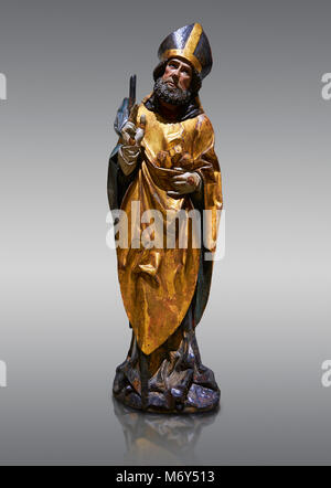 Statue en bois gothique de Sant Nicolau (Nicholas) de Gremany, vers 1500, tempera et feuille d'or sur bois, de l'église de San Miguel de Medina del C Banque D'Images