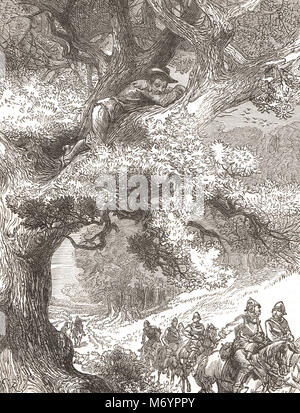 Le Prince Charles, fils de Charles I, et futur roi Charles II, se cacher dans l'arbre de chêne, 1651, après la défaite à la bataille de Worcester 3 septembre 1651, Guerre Civile Anglaise Banque D'Images