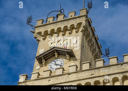 Détail de l'hôtel de ville, Palazzo Pubblico à San Marino Banque D'Images