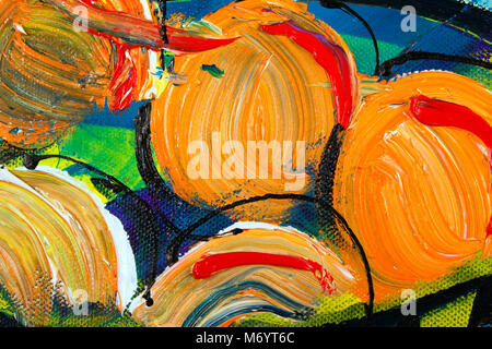 Dynamique, original couleur peinture à l'huile semi-abstrait close up detail montrant le pinceau et la toile textures - coupe à fruits Banque D'Images