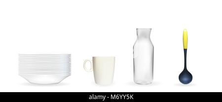 Jeu de modèle 3D réaliste d'un récipient blanc profond, louche, bocal en verre, tasse. Vector Illustration Illustration de Vecteur