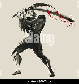 Silhouette samouraï. Style Chinois. Peinture à la main à l'Aquarelle illustration Banque D'Images