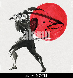 Silhouette samouraï. Style Chinois. Peinture à la main à l'Aquarelle illustration Banque D'Images