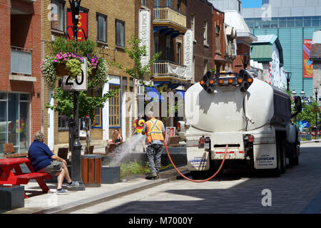 Une employée de la ville de Montréal d'arroser les arbres et les plantes dans la rue. Banque D'Images