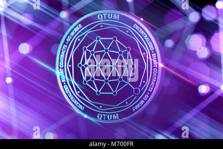Lumineux néon pièce QTUM en couleurs Ultra Violet avec cryptocurrency blockchain nœuds dans l'arrière-plan flou. Le rendu 3D Banque D'Images