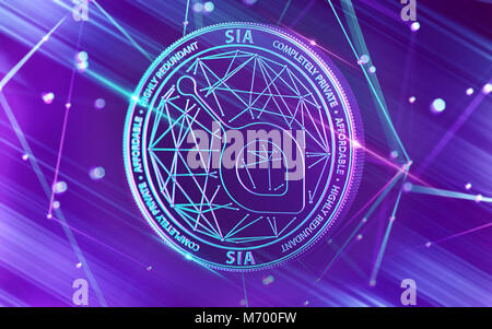 Lumineux néon ultra violet en coin SIA couleurs avec blockchain cryptocurrency nœuds dans l'arrière-plan flou. Le rendu 3D Banque D'Images