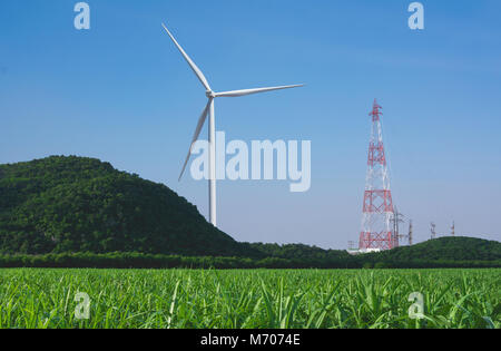 Éoliennes sous le ciel bleu. Éoliennes produisant de l'électricité. Banque D'Images