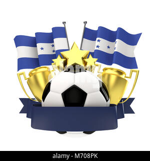 Honduras football drapeau emblème gagnants avec trophée, étoile, ballon et ruban. Le Rendu 3D Banque D'Images