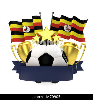 L'Ouganda football drapeau emblème gagnants avec trophée, étoile, ballon et ruban. Le Rendu 3D Banque D'Images