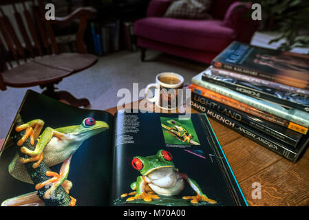 Ouvert non-fiction livre relié sur la photographie d'espèces sauvages montrant les animaux dans la salle de séjour à la maison Banque D'Images