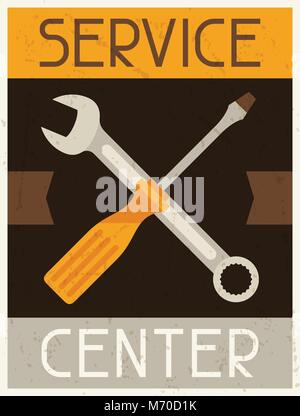 Centre de service. Dans l'affiche rétro style design plat Illustration de Vecteur