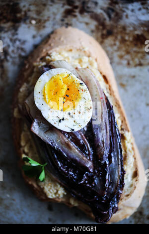 La chicorée rouge braisé crostini avec hoummos, oeuf mollet et épices Banque D'Images