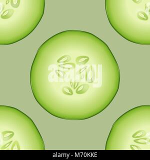 Modèle sans couture avec 3D photo-réalistes juteuse tranche concombre à vue de dessus gros plan sur fond vert. Modèle de conception pour le graphisme, illustration vecteur alimentaire Illustration de Vecteur