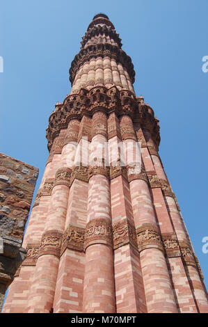 Qutub Minar minaret vu par arbre, Delhi, Inde Banque D'Images