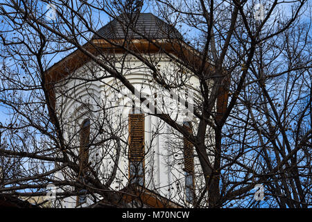 Bucarest, Roumanie. Le 5 février 2017. L'Église orthodoxe derrière les branches. Banque D'Images