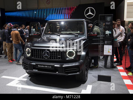 Genève. 7 mars, 2018. Photo prise le 7 mars 2018 présente le nouveau Mercedes-AMG G63 lors de la 88e Salon International de l'Automobile à Genève, Suisse. Le salon de l'automobile, qui attire plus de 180 exposants du monde entier, est ouvert au public du 8 au 18 mars 2018. Credit : Xu Jinquan/Xinhua/Alamy Live News Banque D'Images