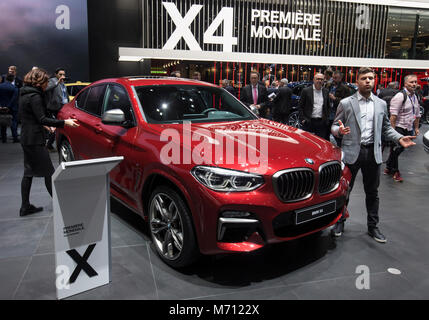 Genève. 7 mars, 2018. Photo prise le 7 mars 2018 montre la BMW X4 à la 88e Salon International de l'Automobile à Genève, Suisse. Le salon de l'automobile, qui attire plus de 180 exposants du monde entier, est ouvert au public du 8 au 18 mars 2018. Credit : Xu Jinquan/Xinhua/Alamy Live News Banque D'Images