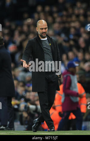 Manchester, UK. 7 mars 2018 la Ligue des Champions , série de 16 leg 2, Manchester City contre FC Bâle ; Pep Guardiola manager de Manchester City Banque D'Images