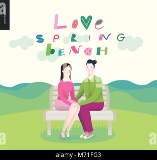 L'amour, printemps, banc - un couple amoureux assis sur un banc sur e elandscape avec montagnes Illustration de Vecteur