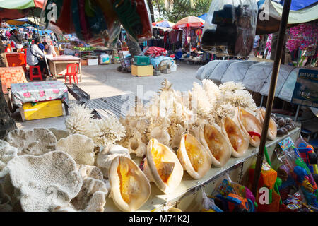 Gros coquillages vendus sur une échoppe de marché, marché du crabe de Kep, Kep, le Cambodge Asie Banque D'Images