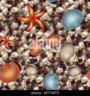 Galets de mer de coquillages et étoiles de mer de différentes formes. Modèle sans couture. Eps 10 Illustration de Vecteur