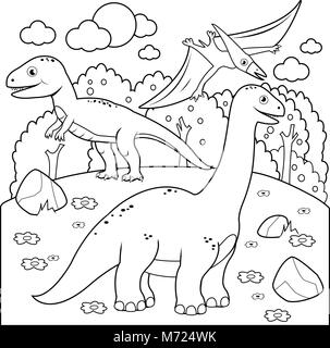 Paysage préhistorique avec les dinosaures. Livre de coloriage noir et blanc la page Illustration de Vecteur