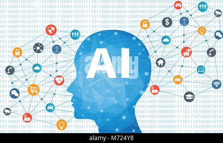 Concept de l'intelligence artificielle avec tête humaine et d'icônes différentes. Connexion réseau numérique Les techniques modernes de communication. Illustration de Vecteur