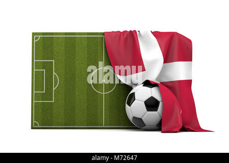 Danemark drapeau drapé sur un terrain de soccer et de football ballon. Le Rendu 3D Banque D'Images